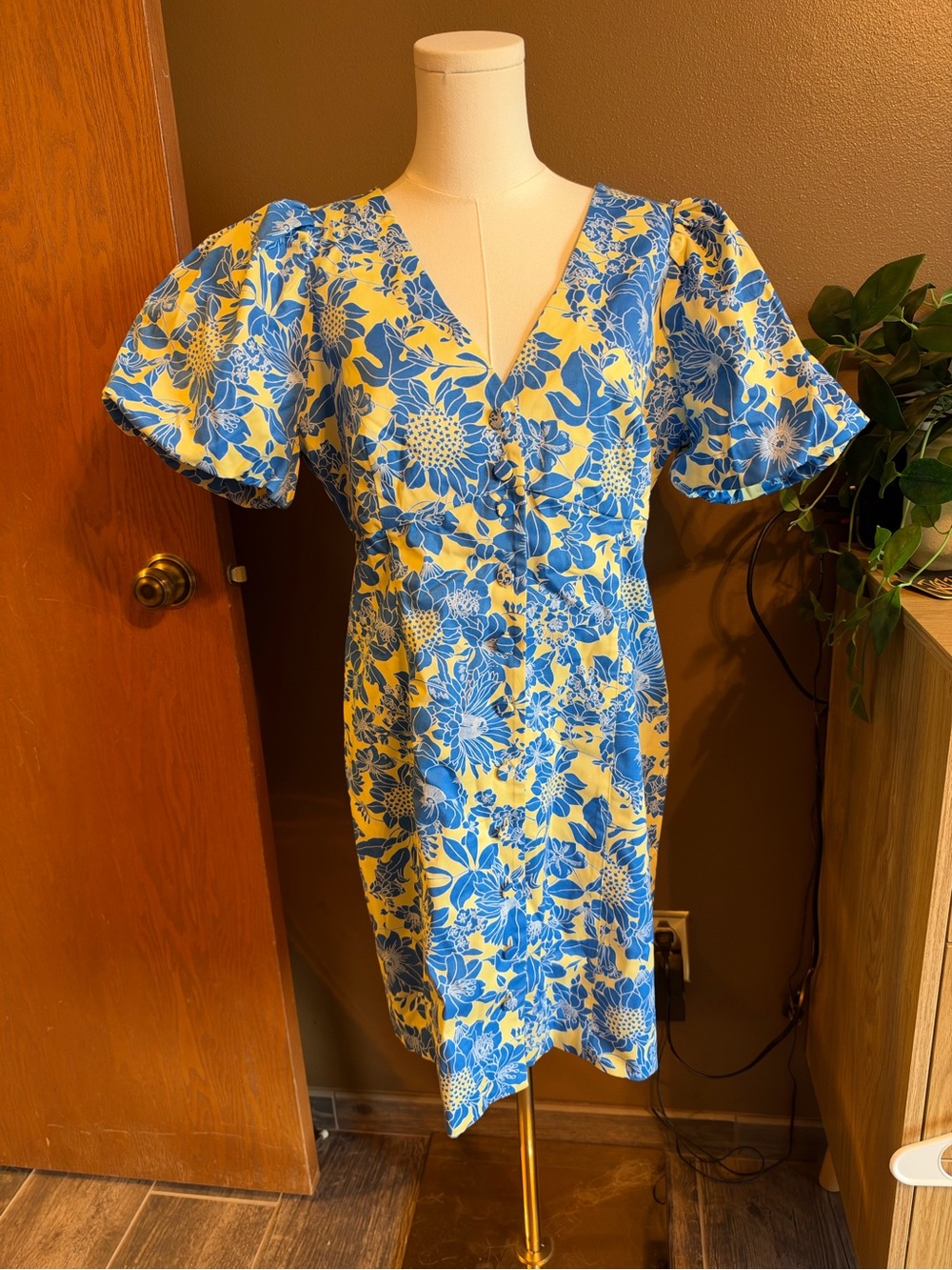 J. Crew Yellow and Blue Floral V-Neck Puff Sleeve Mini Dress